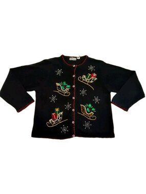 B.P Design Women's XL Black Beaded Christmas Holiday Sleds Snowflakes Sweater